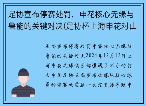 足协宣布停赛处罚,申花核心无缘与鲁能的关键对决(足协杯上海申花对山东鲁能)