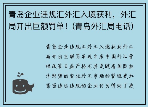 青岛企业违规汇外汇入境获利,外汇局开出巨额罚单!(青岛外汇局电话)