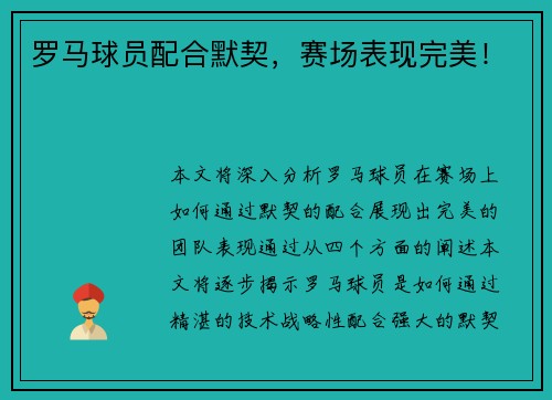 罗马球员配合默契，赛场表现完美！